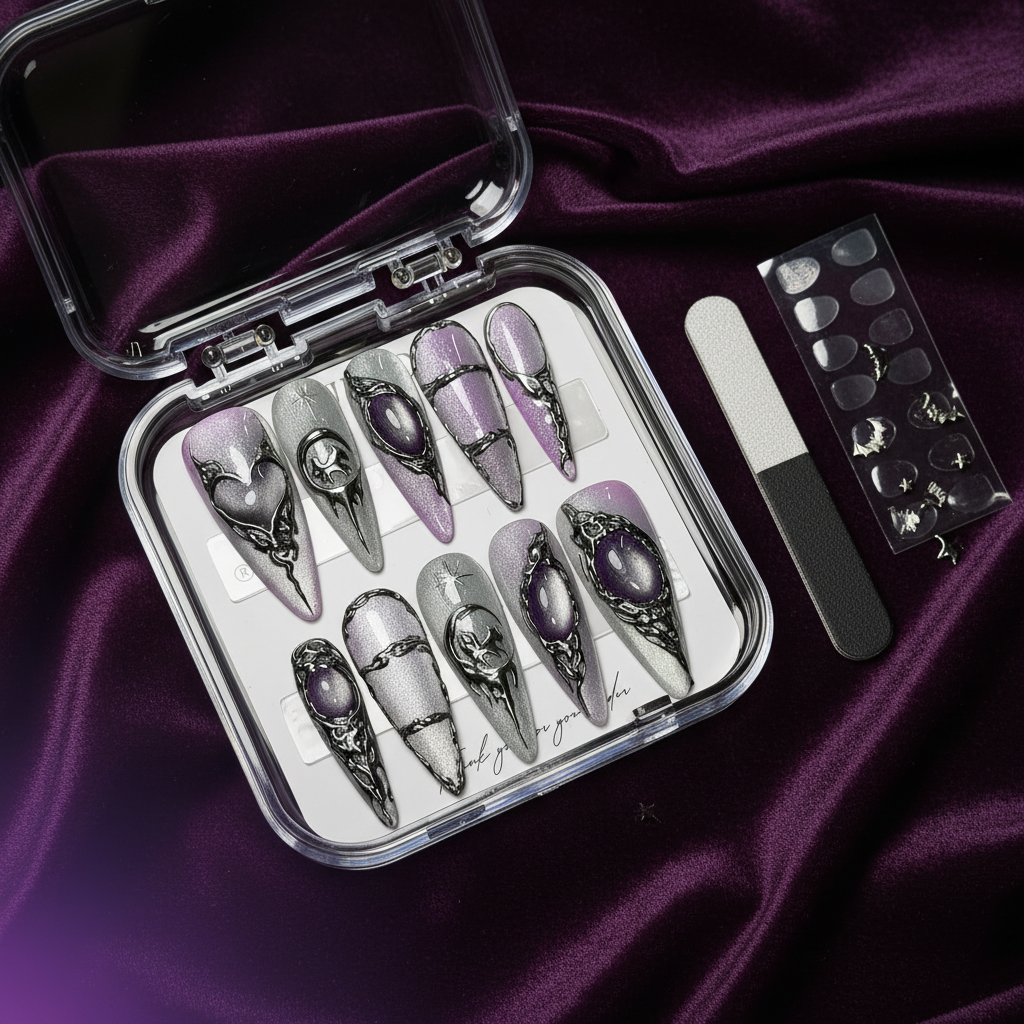 Luxury unboxing acrylic box amethyst gothic moon bat silver glitter reusable press-on nails — LuxepressCo