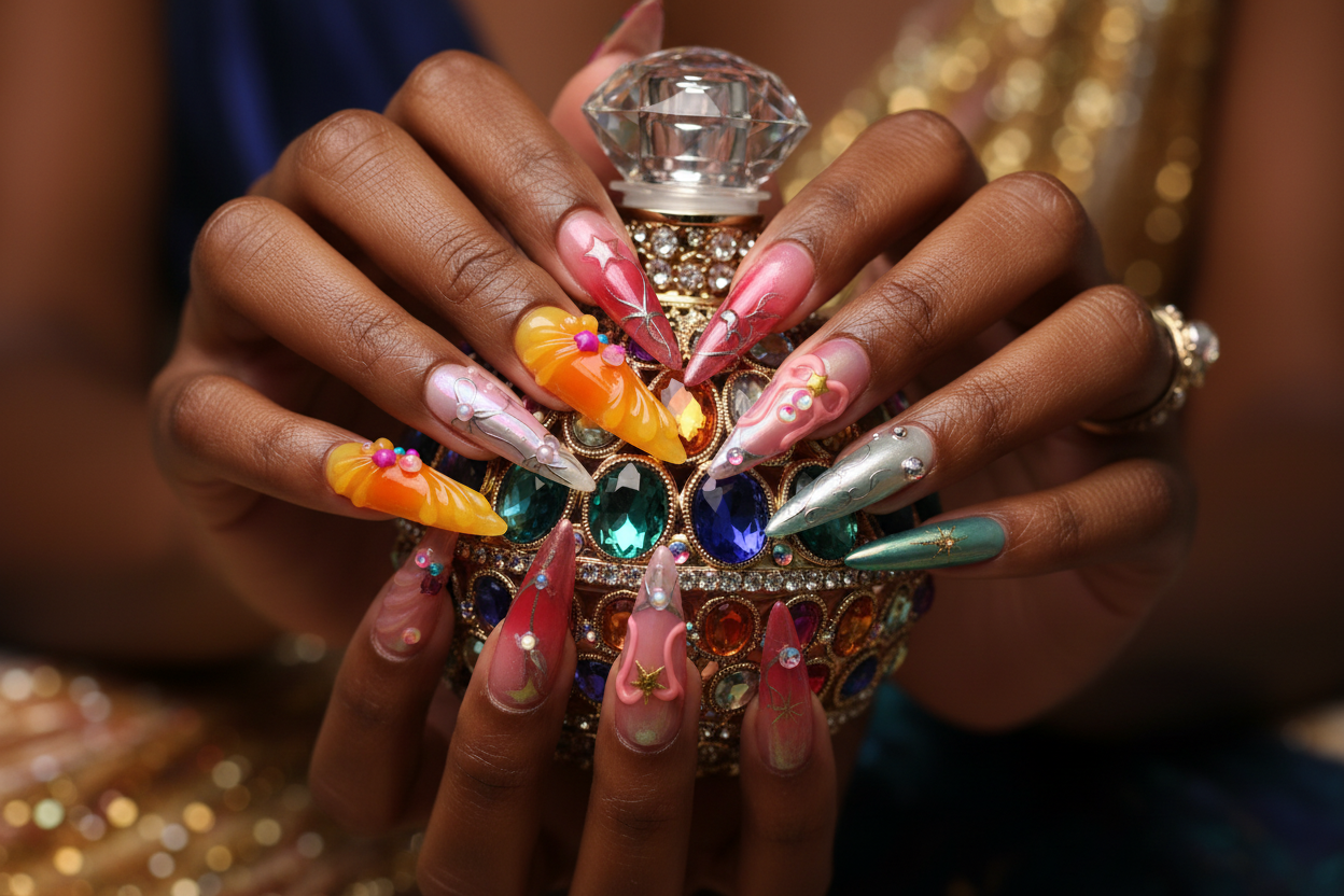 Dark-skin hands wearing Y2K iridescent chrome reusable press-on nails holding colorful fantasy perfume bottle — LuxepressCo