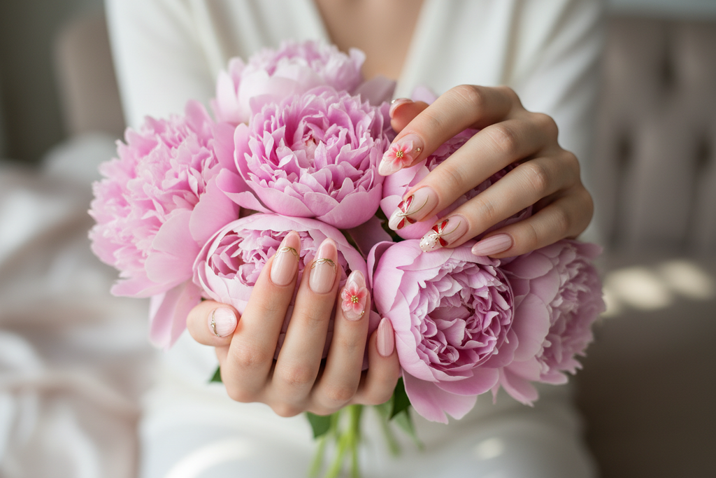 Fair-skin hands wearing blush pink tulip dragonfly gold enamel floral custom press-on nails holding pink peonies — LuxepressCo