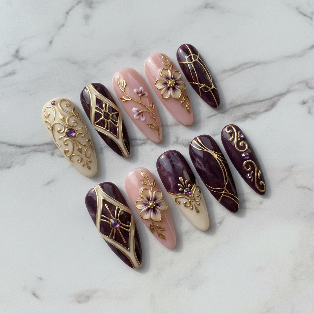 Full set 10 purple marble gold filigree 3D floral custom press-on nails on white marble background — LuxepressCo
