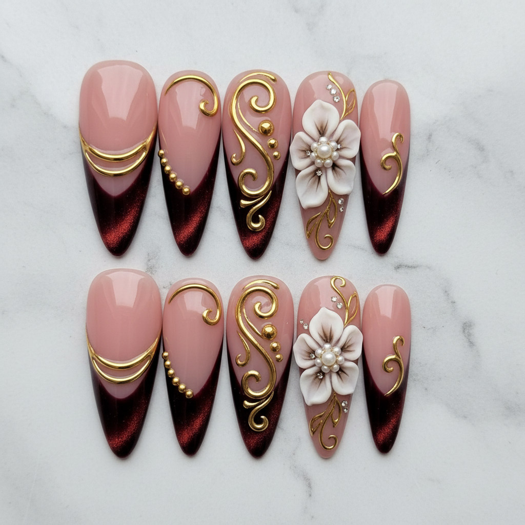 Flat lay top-down full set 10 burgundy gold 3D floral rhinestone pearl custom press-on nails — LuxepressCo