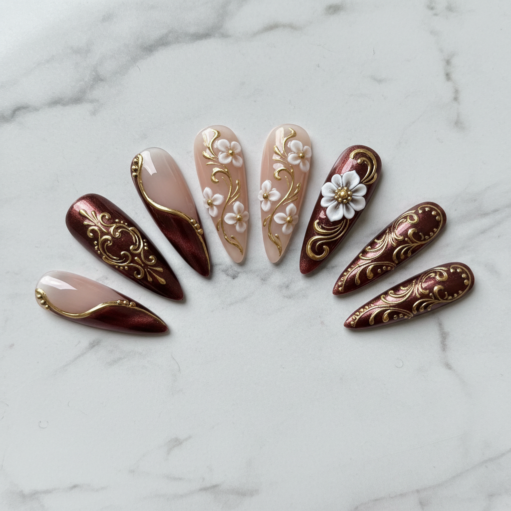 Full set 10 baroque burgundy gold filigree custom press-on nails on marble background — LuxepressCo