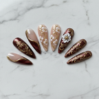 Full set 10 baroque burgundy gold filigree custom press-on nails on marble background — LuxepressCo