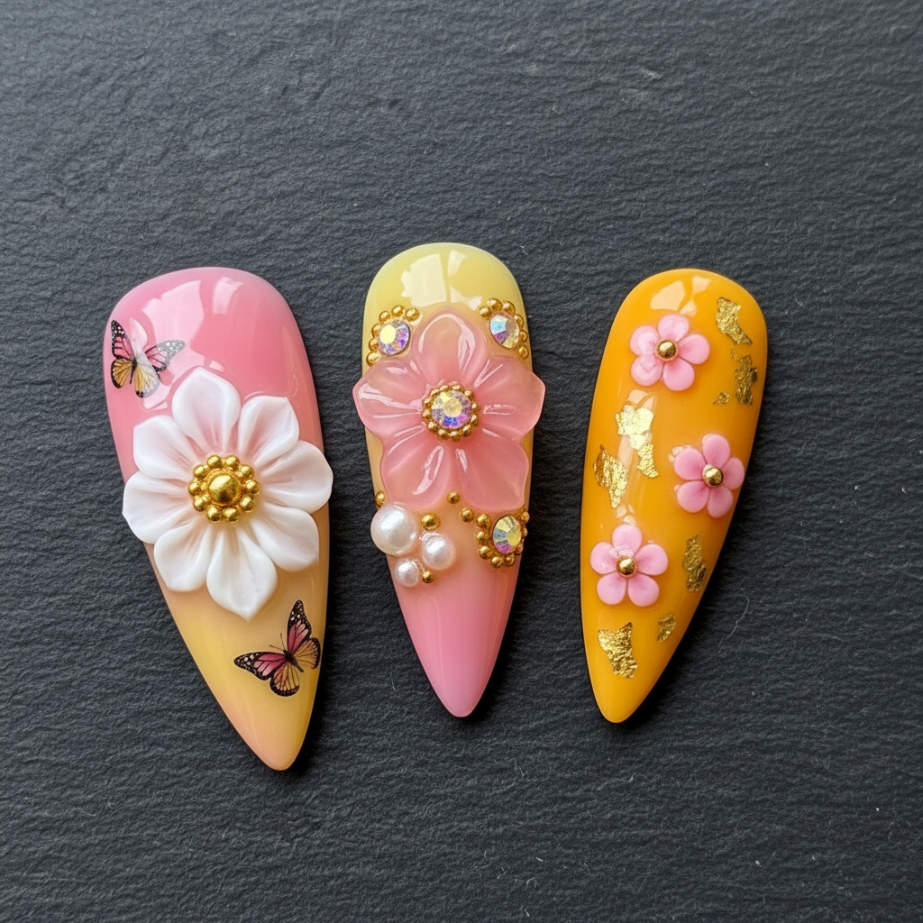 Macro close-up 3D white daisy aurora rhinestone pearl custom press-on nails pink ombre stiletto — LuxepressCo