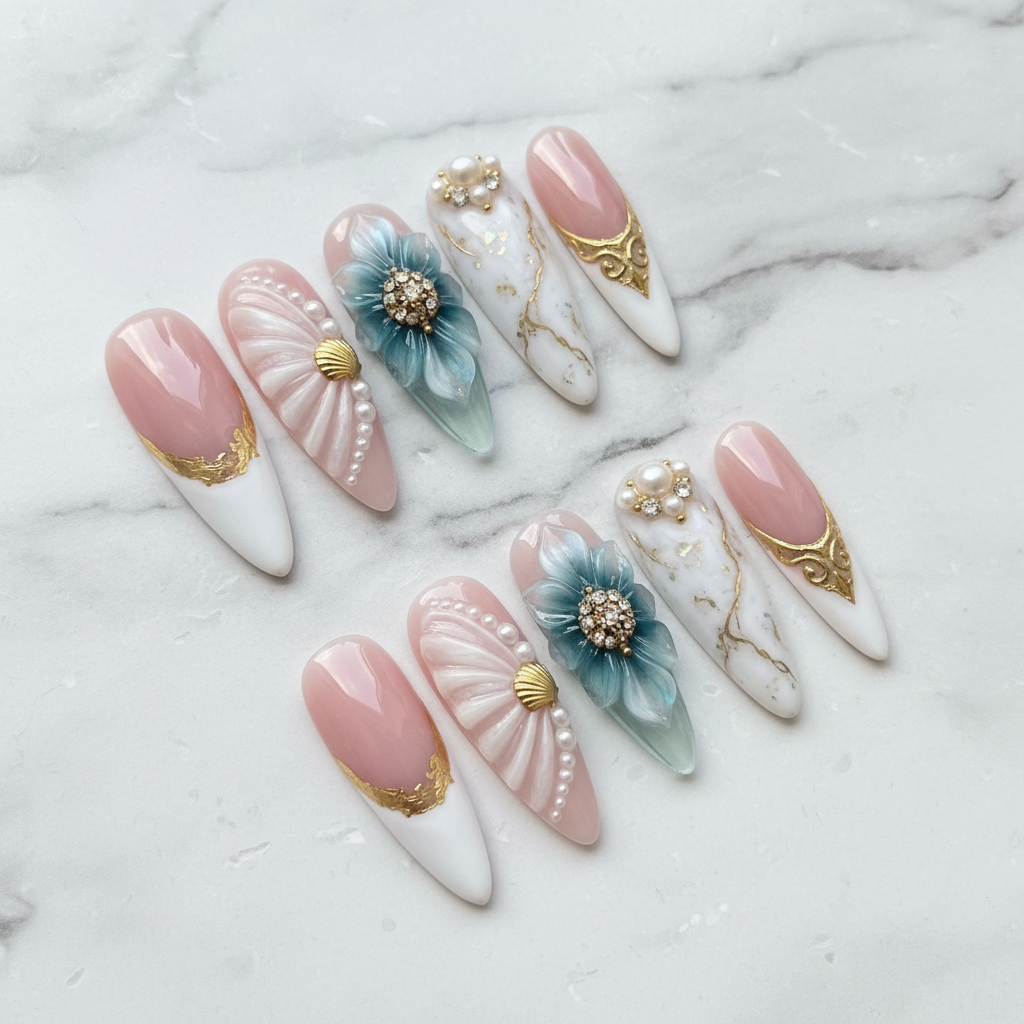 Full set 10 luxury 3D blue flower pearl marble baroque custom press-on nails on white marble background — LuxepressCo