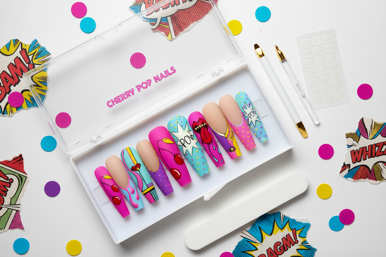Luxury unboxing acrylic box pop art comic POW lips cherry Y2K press-on nails with accessories — LuxepressCo