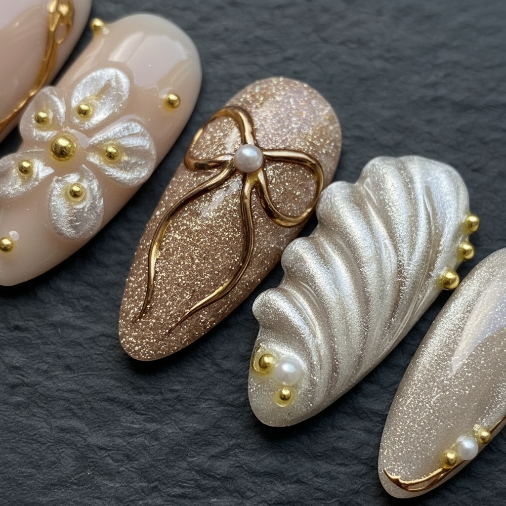 Macro close-up 3D gold bow champagne glitter and silver chrome wave custom press-on nails — LuxepressCo