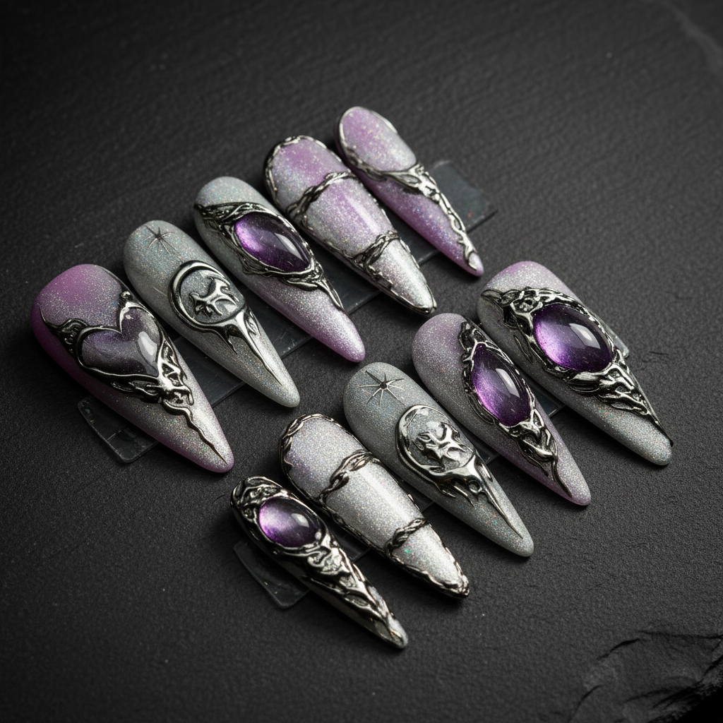 Amethyst cat-eye gothic moon bat silver glitter custom press-on nails full set — LuxepressCo