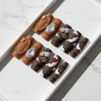 Japanese crane art brown gold oval frame 3D flower gem custom press-on nails coffin full set on marble — LuxepressCo