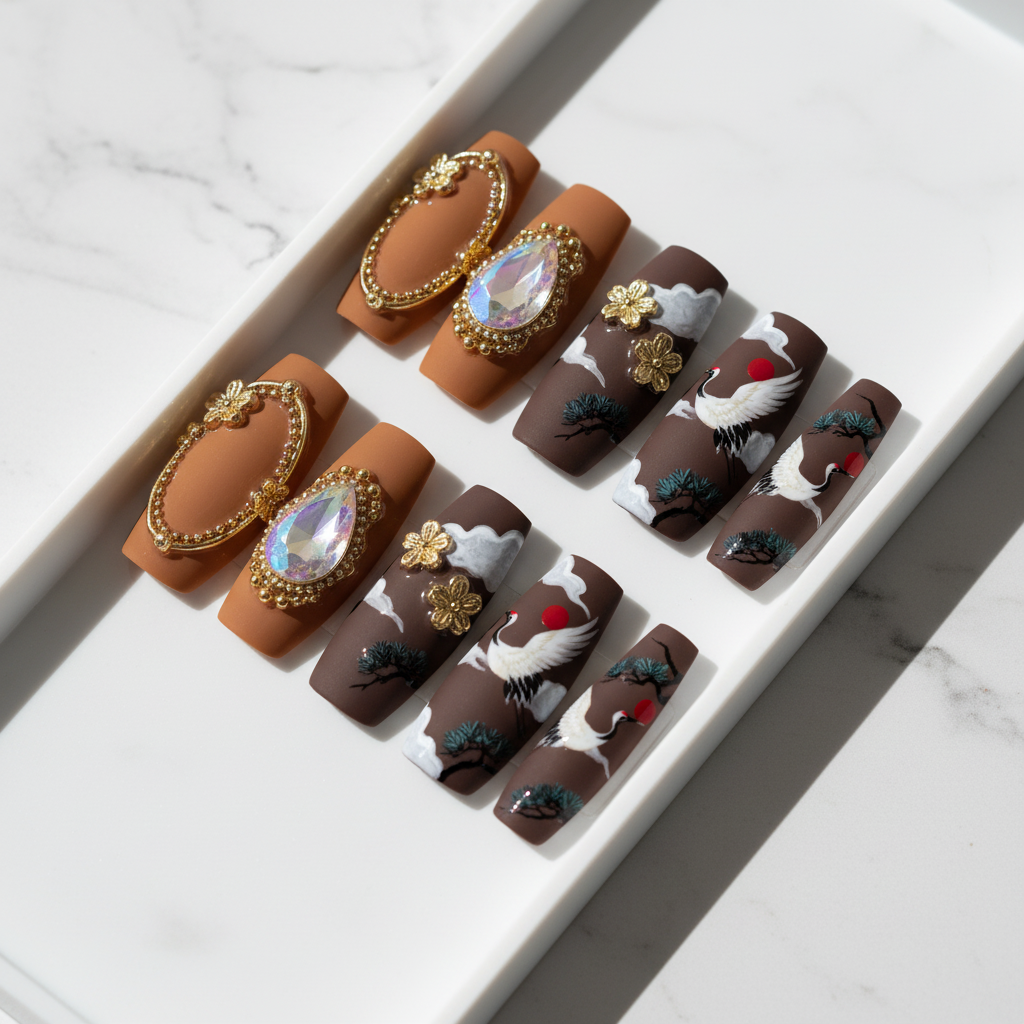 Japanese crane art brown gold oval frame 3D flower gem custom press-on nails coffin full set on marble — LuxepressCo