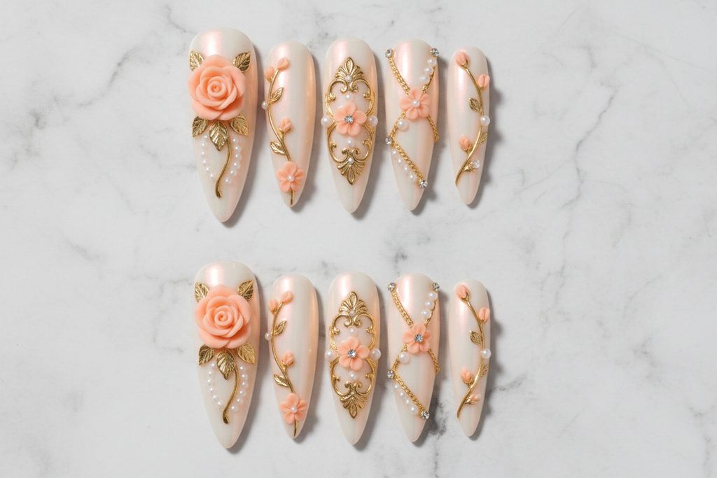 Flat lay top-down view full set 10 luxury stiletto press-on nails 3D rose gold chain rhinestone pearl baroque custom press-on nails — LuxepressCo