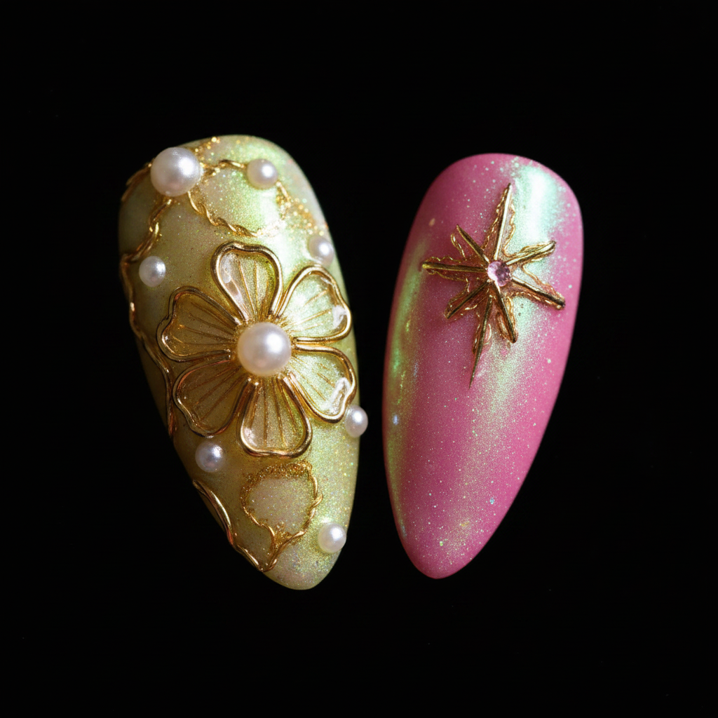 Macro close-up 3D gold swirl charm and aurora holographic salon-quality press-on nails — LuxepressCo