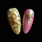 Macro close-up 3D gold swirl charm and aurora holographic salon-quality press-on nails — LuxepressCo