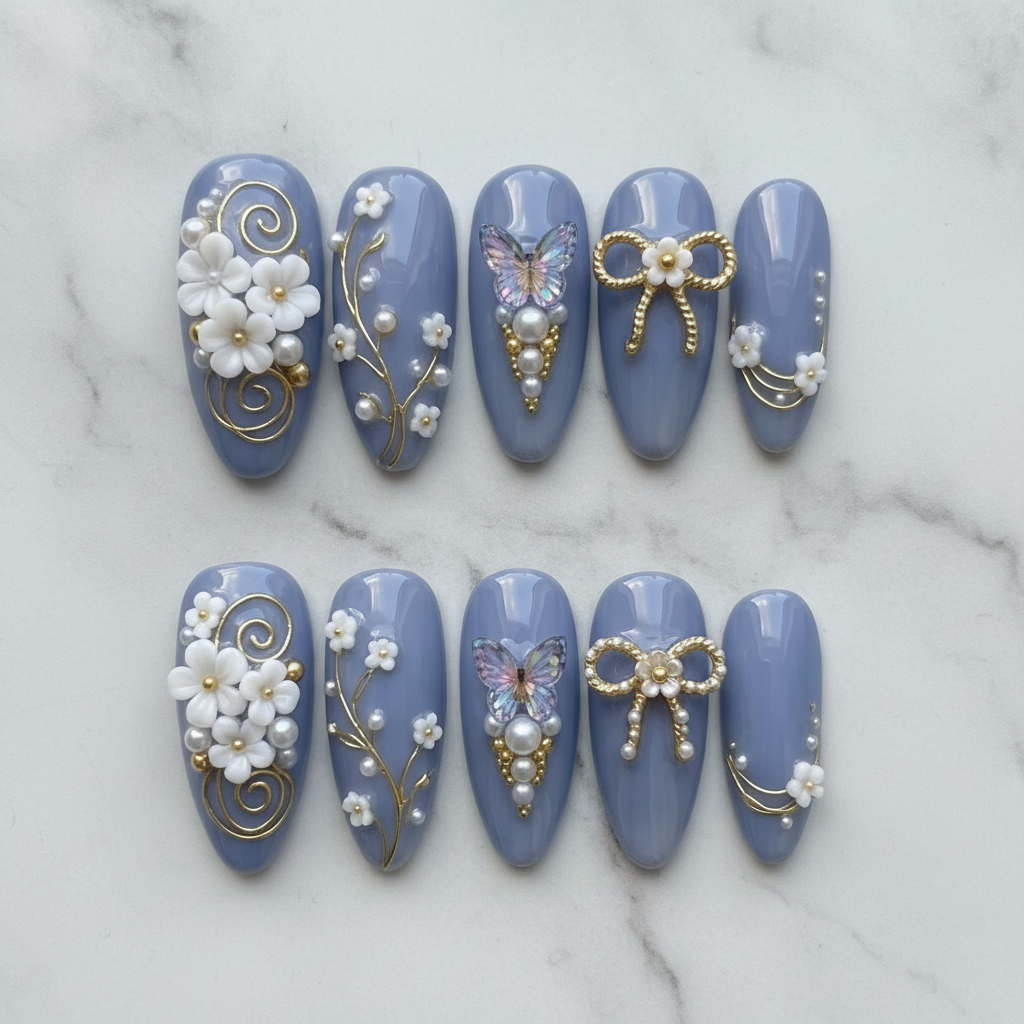 Flat lay top-down full set 10 periwinkle blue 3D floral butterfly pearl almond custom press-on nails — LuxepressCo