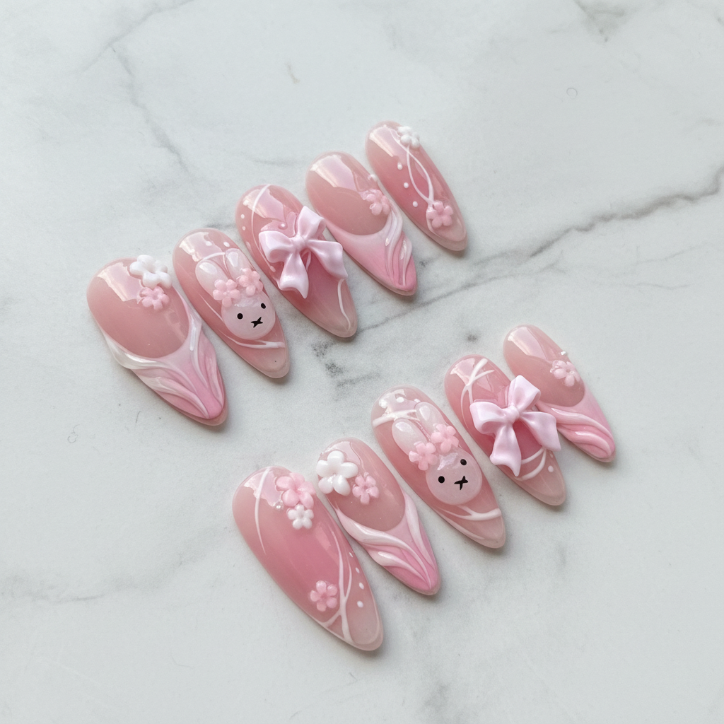 Full set 10 pink bunny blossom custom press-on nails with 3D flowers and satin bow on marble background — LuxepressCo