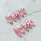 Full set 10 pink bunny blossom custom press-on nails with 3D flowers and satin bow on marble background — LuxepressCo