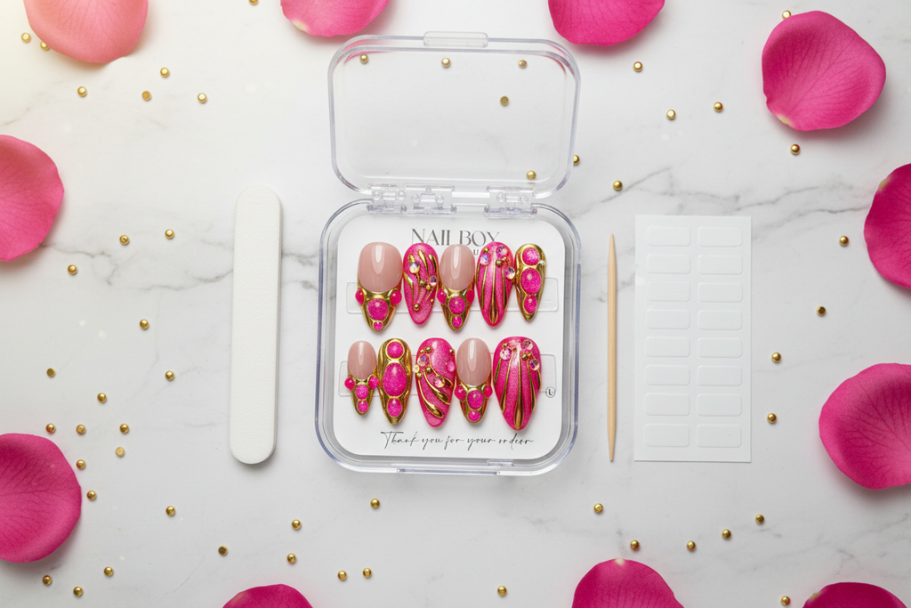 Luxury unboxing acrylic box hot pink gold bubble gem magenta glitter custom press-on nails packaging — LuxepressCo