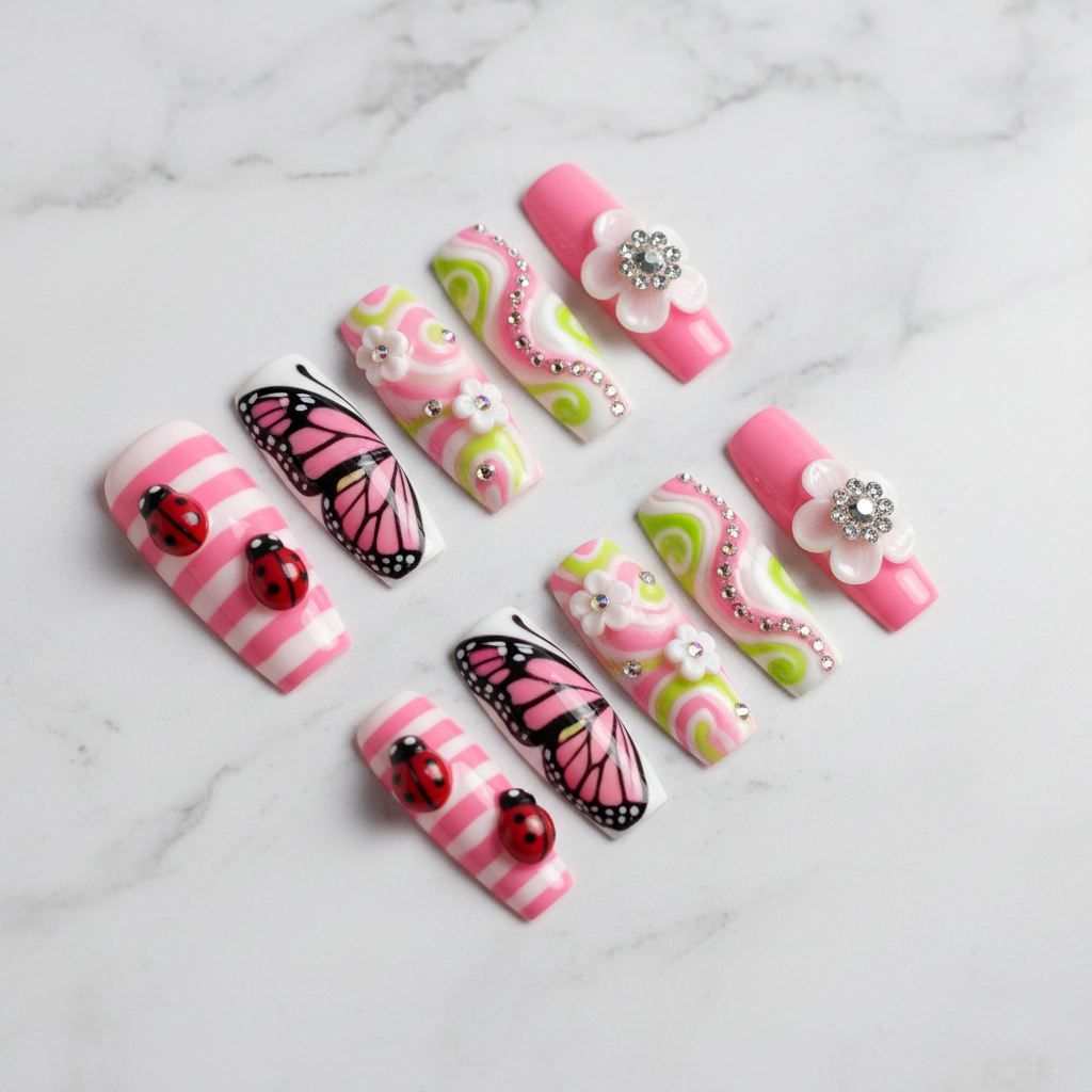 3D ladybug butterfly wing swirl rhinestone press-on nails hero shot white marble studio custom press-on nails — LuxepressCo
