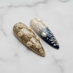 Macro close-up gold glitter 3D roses ivory lace coral custom press-on nails texture detail — LuxepressCo