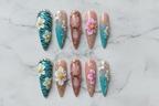 Flat lay top-down full set 10 teal floral rhinestone custom press-on nails — LuxepressCo