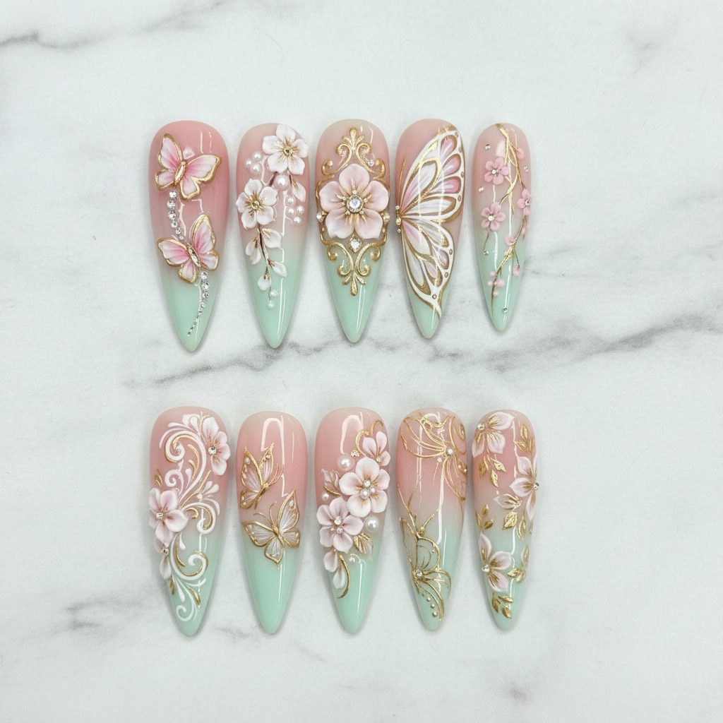 Flat lay top-down full set 10 3D pink butterfly gold baroque floral pearl salon-quality nails white marble — LuxepressCo