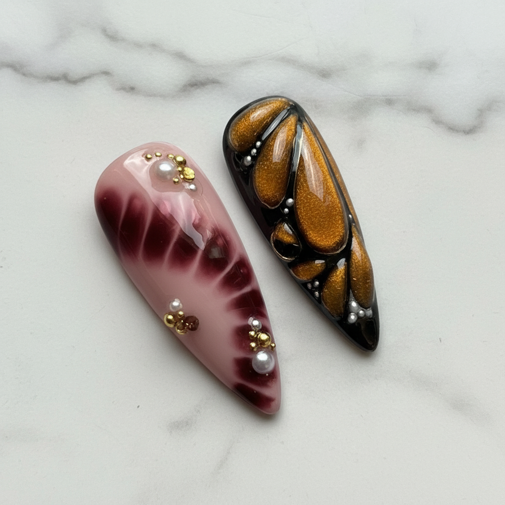 Macro close-up burgundy petal fan amber stained glass custom press-on nails blush pink dark brown — LuxepressCo
