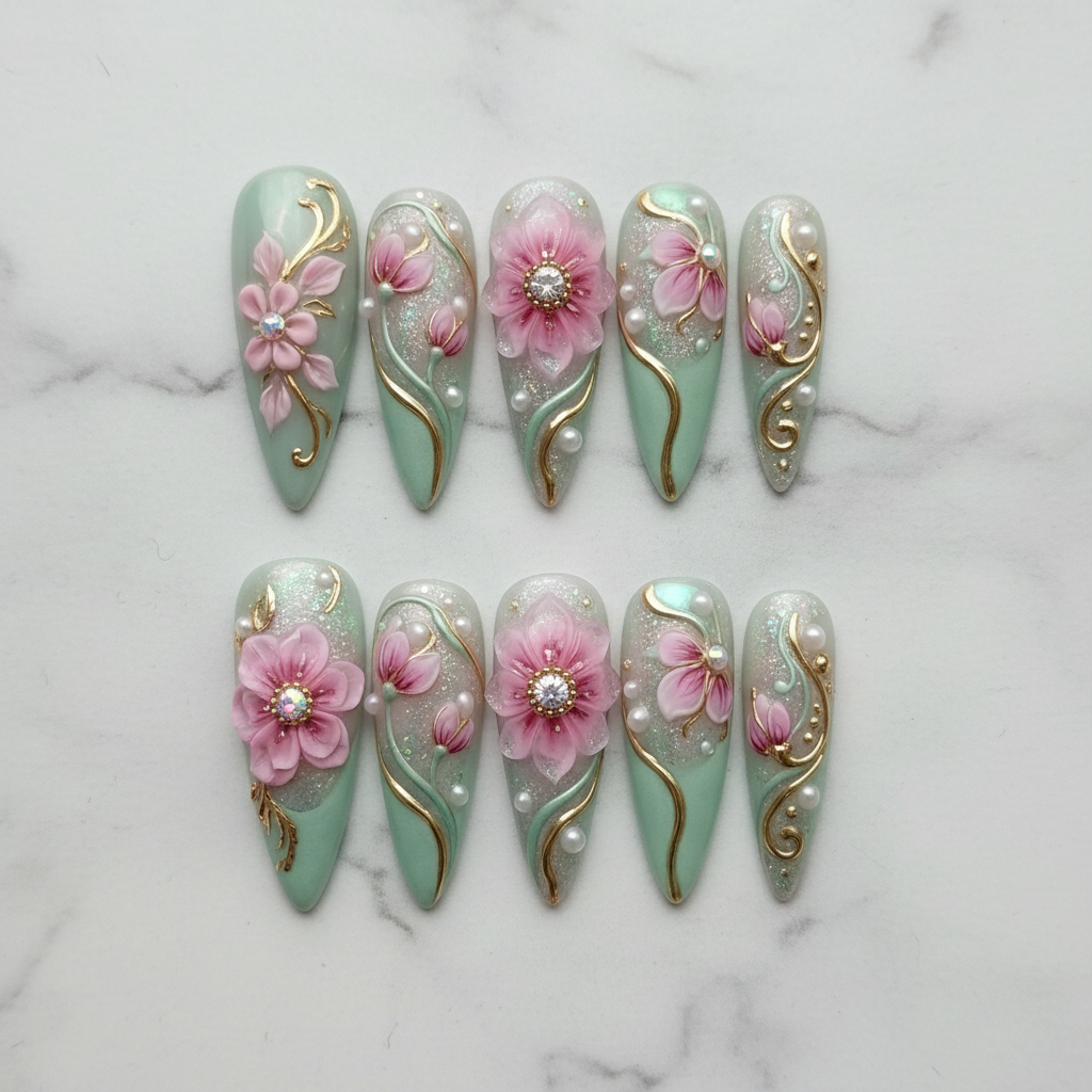 Flat lay top-down full set 10 mint green 3D floral gold foil pearl stiletto custom press-on nails — LuxepressCo