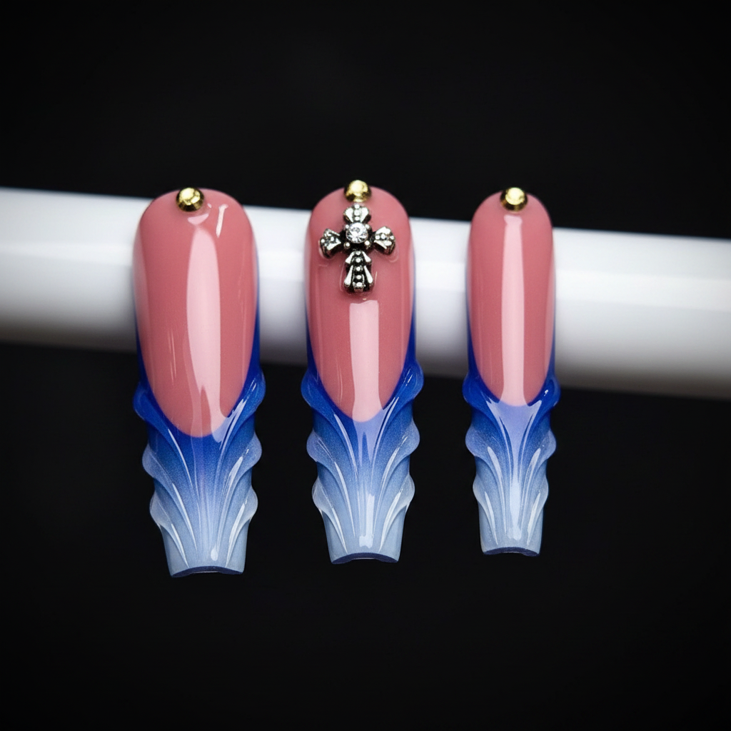 Macro close-up dusty rose glossy blue white flame tip 3D crystal cross charm gold skull custom press-on nails — LuxepressCo
