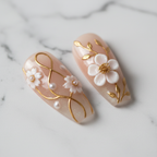 Macro gold infinity swirl cherry blossom pearl 3D white flower custom press-on nails marble — LuxepressCo