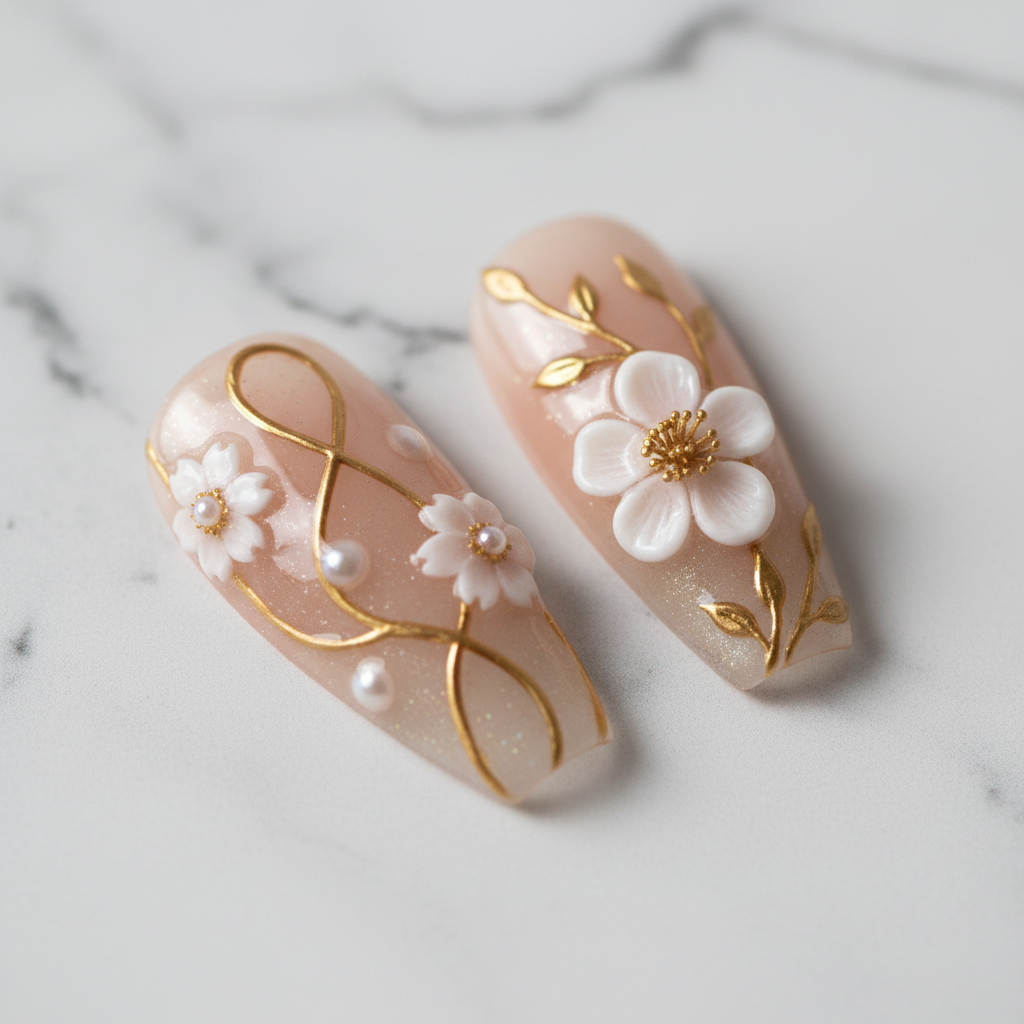 Macro gold infinity swirl cherry blossom pearl 3D white flower custom press-on nails marble — LuxepressCo