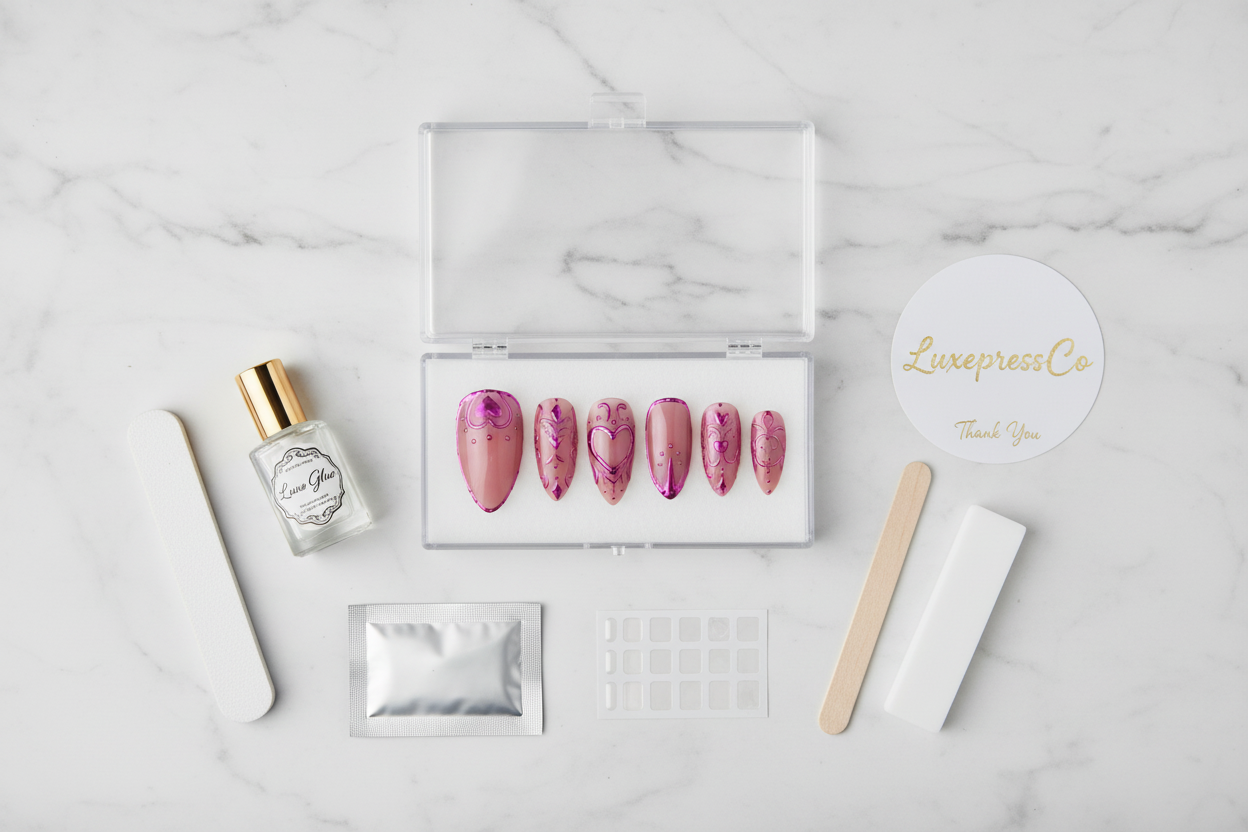 LuxepressCo pink chrome heart coquette press-on nail packaging unboxing clear acrylic hinged box with glue file adhesive tabs — custom press-on nails — LuxepressCo