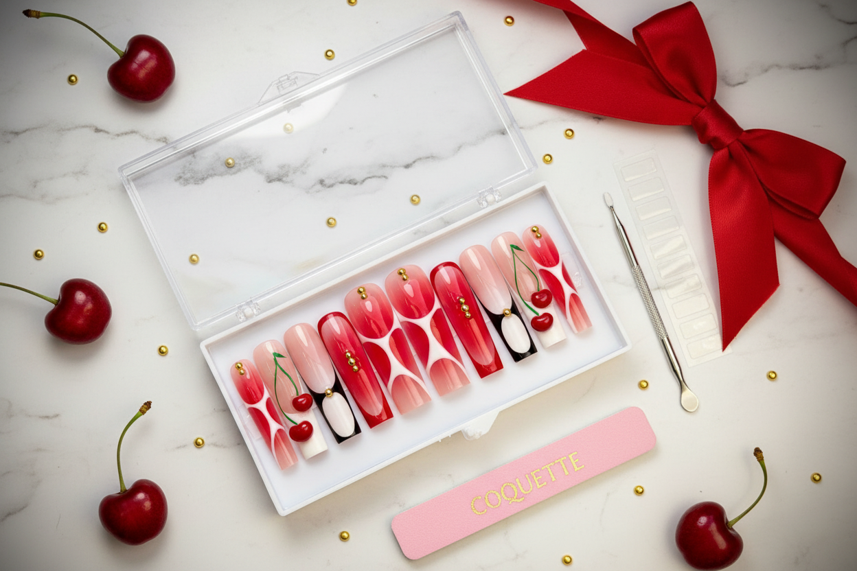 Luxury unboxing acrylic box cherry jelly pink red ombre 3D cherry charm press-on nails with accessories — LuxepressCo