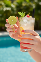 Fair skin hands wearing tropical jelly lime strawberry custom press-on nails holding lime and cocktail — LuxepressCo