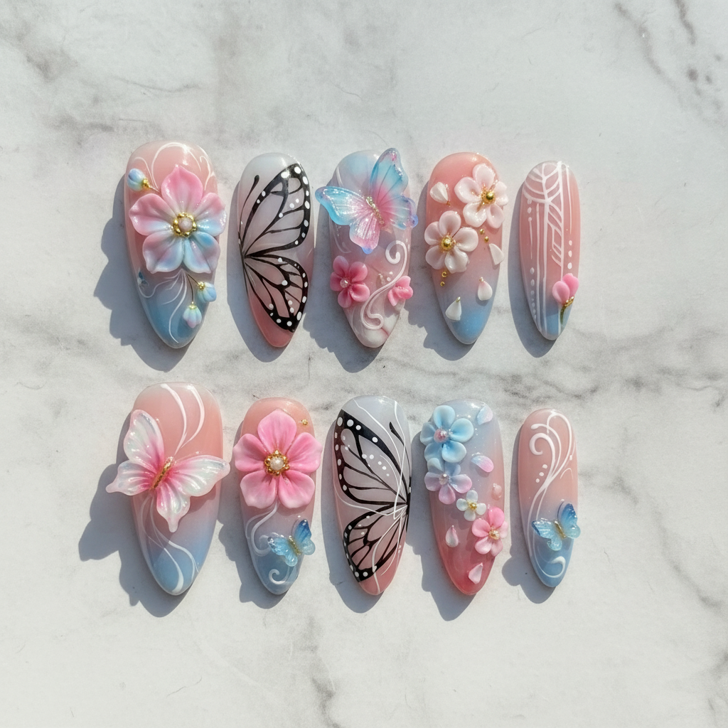 Flat lay top-down 10 custom press-on nails 3D sakura butterfly pastel ombre full set — LuxepressCo