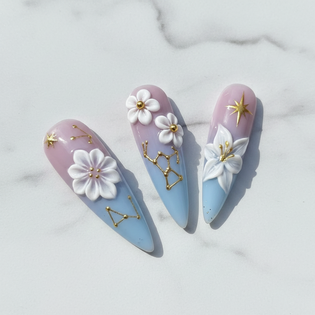 Macro gold constellation line art star charm glitter dust stiletto reusable nails marble background — LuxepressCo