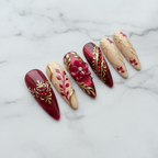 Full set 10 burgundy gold baroque 3D floral custom press-on nails on marble background — LuxepressCo