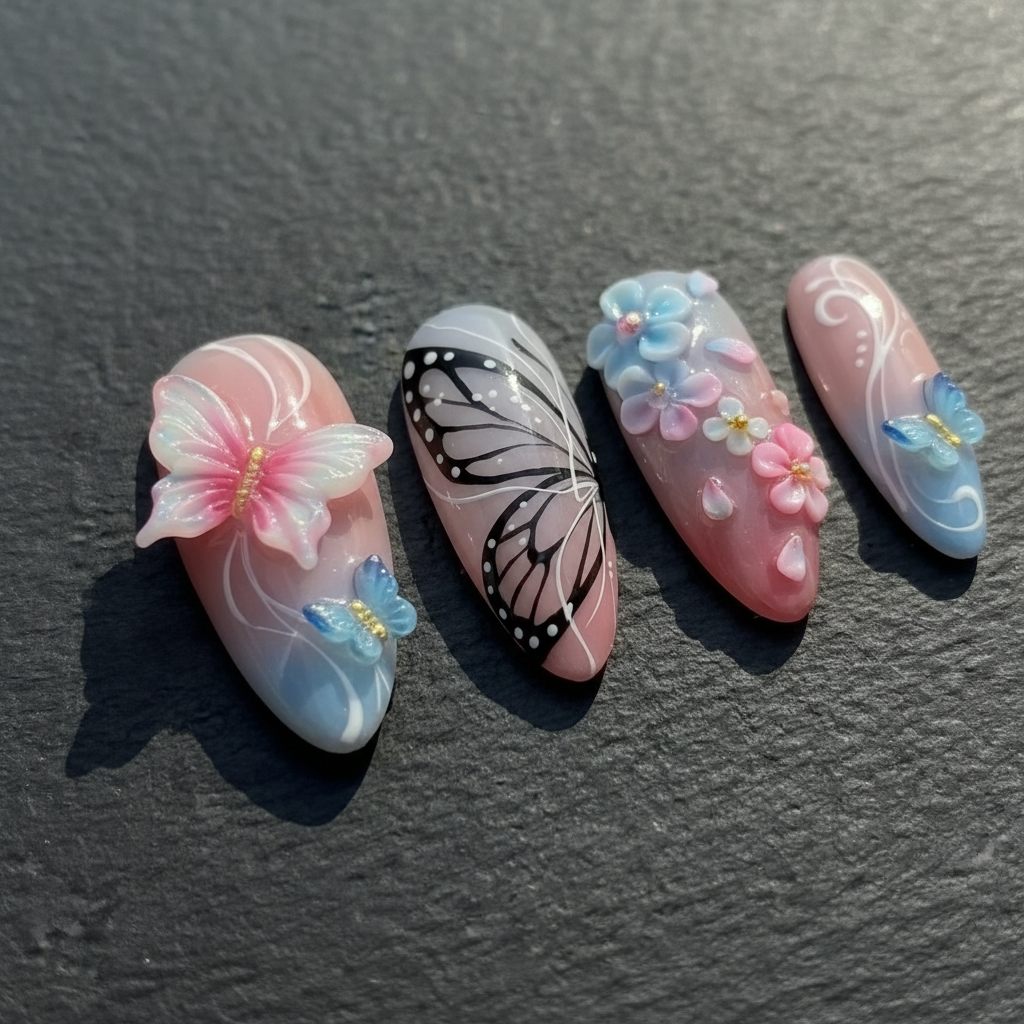 Macro close-up 3D floral butterfly custom press-on nails dramatic lighting pink blue iridescent — LuxepressCo