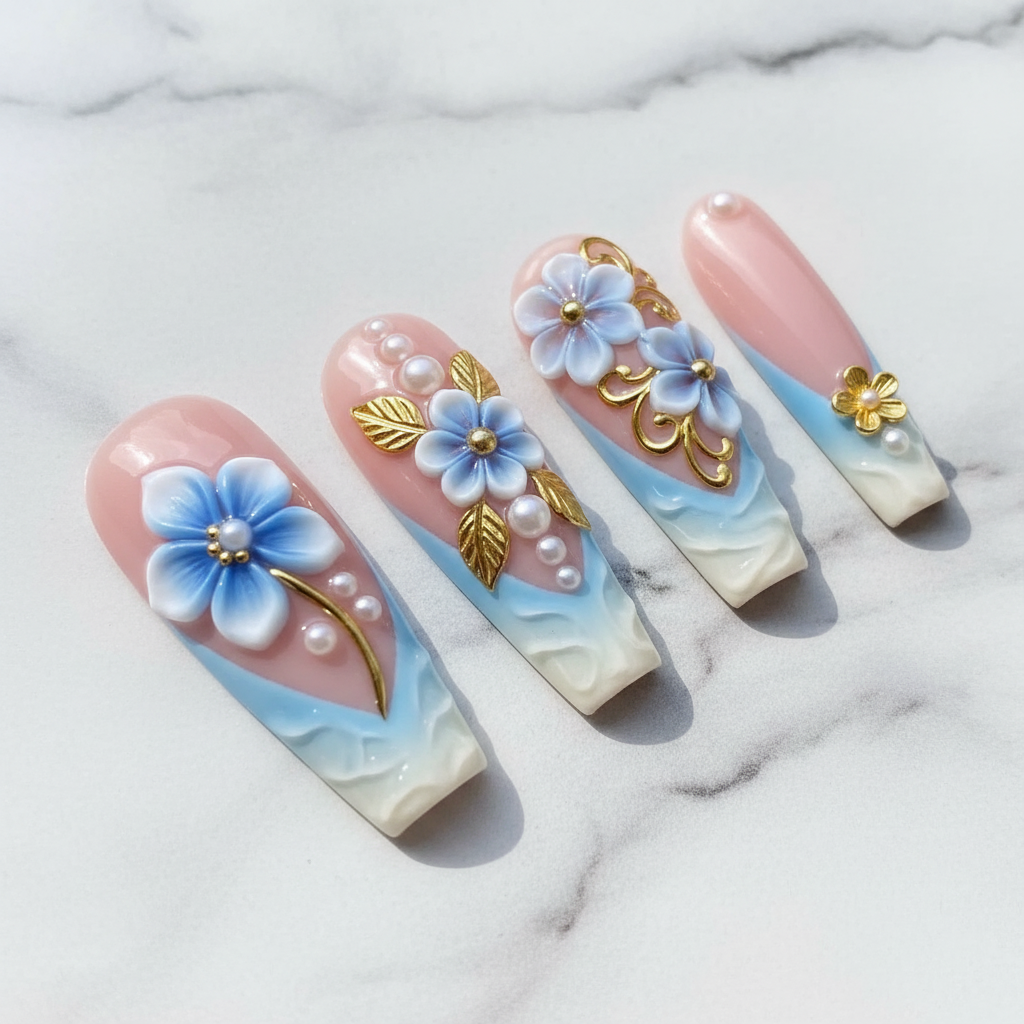 Macro pearl bead chain gold filigree swirl lavender blue flower coffin reusable nails marble — LuxepressCo