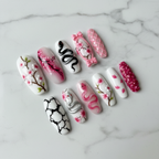 Full set 10 cherry blossom snake 3D custom press-on nails on white marble background — LuxepressCo