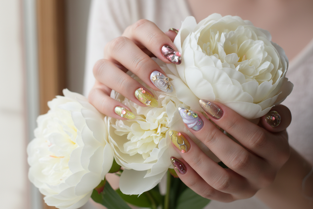 Fair-skin hands wearing aurora fairycore jelly gold star rose custom press-on nails holding white peonies — LuxepressCo