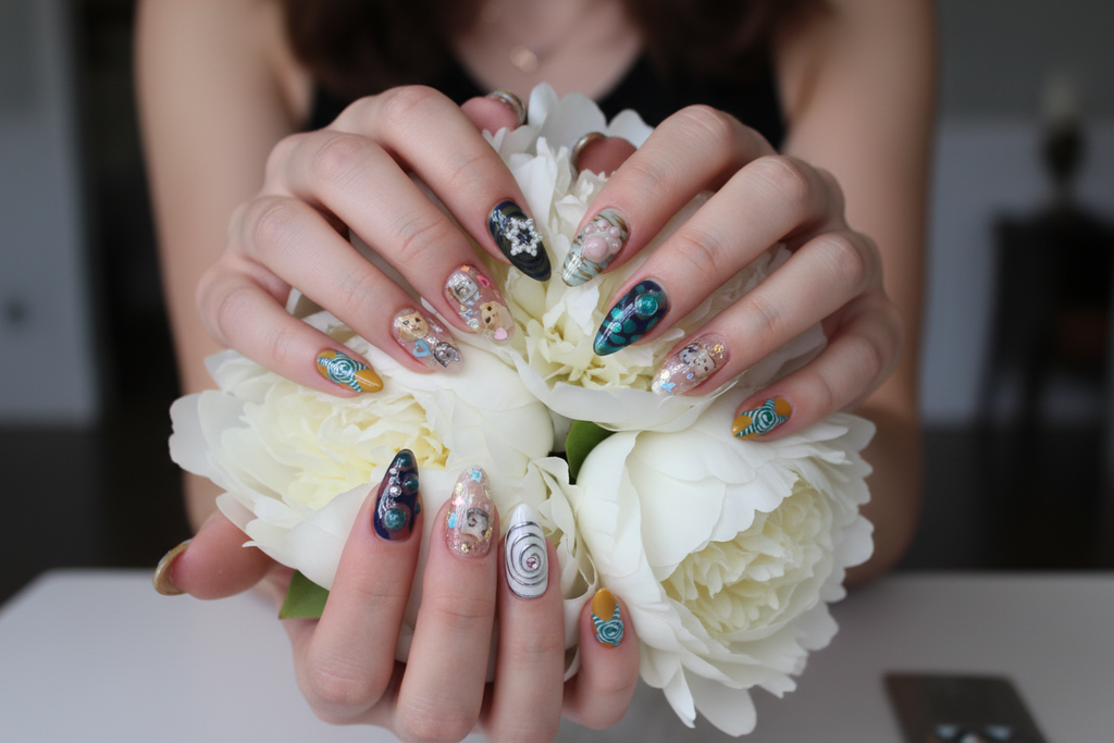 Fair-skin hands wearing kawaii cat pearl star custom press-on nails holding white peonies — LuxepressCo