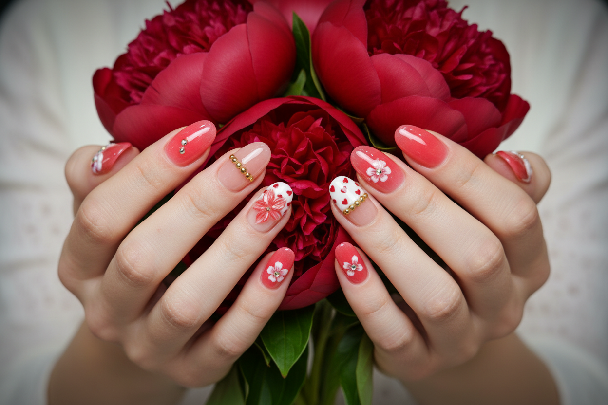 Light skin hands holding red peonies wearing red jelly floral reusable nails salon-quality — LuxepressCo
