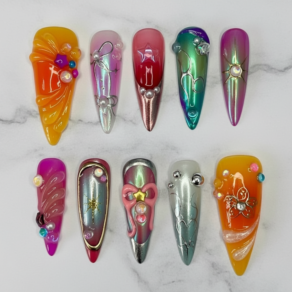Maximalist chrome jelly chameleon custom press-on nails extra long stiletto full set on marble — LuxepressCo