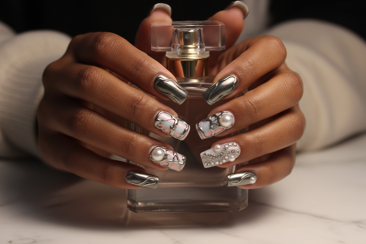 Dark-skin hands wearing silver chrome liquid metal holographic plaid custom press-on nails holding perfume — LuxepressCo