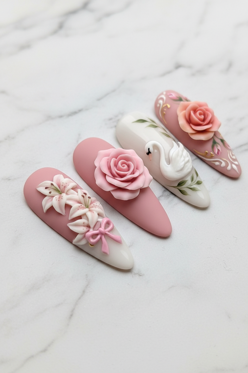 Macro close-up pink floral tulip gold frame white lily corset lace ribbon press-on nails glossy texture salon-quality nails — LuxepressCo