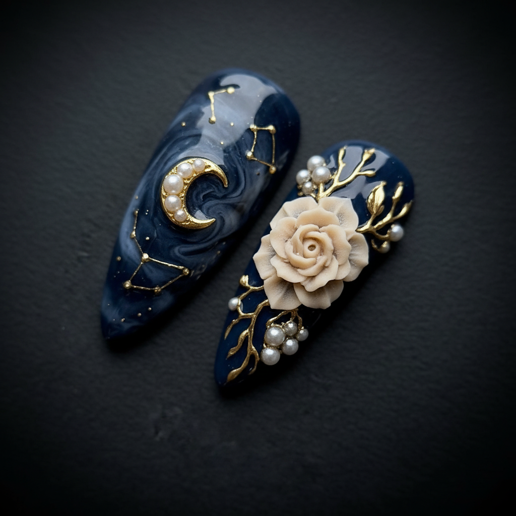 Macro close-up baroque bee charm 3D rose custom press-on nails navy blue gold embellishment — LuxepressCo