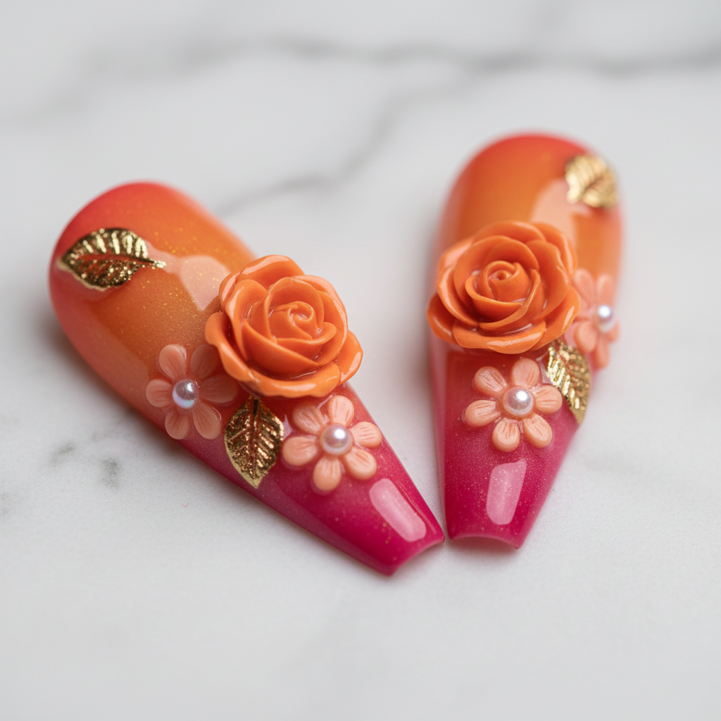 Close-up orange rose 3D nail art pearl bead gold foil salon-quality nails stiletto — LuxepressCo