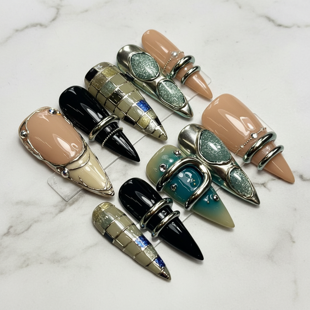 Nude gold frame mosaic teal glitter gemstone custom press-on nails full set on marble — LuxepressCo