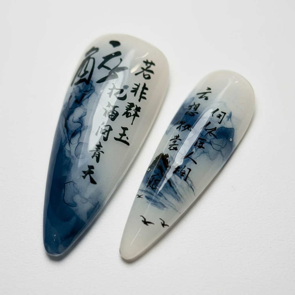Macro close-up Chinese calligraphy indigo ink wash mountain landscape jelly custom press-on nails — LuxepressCo