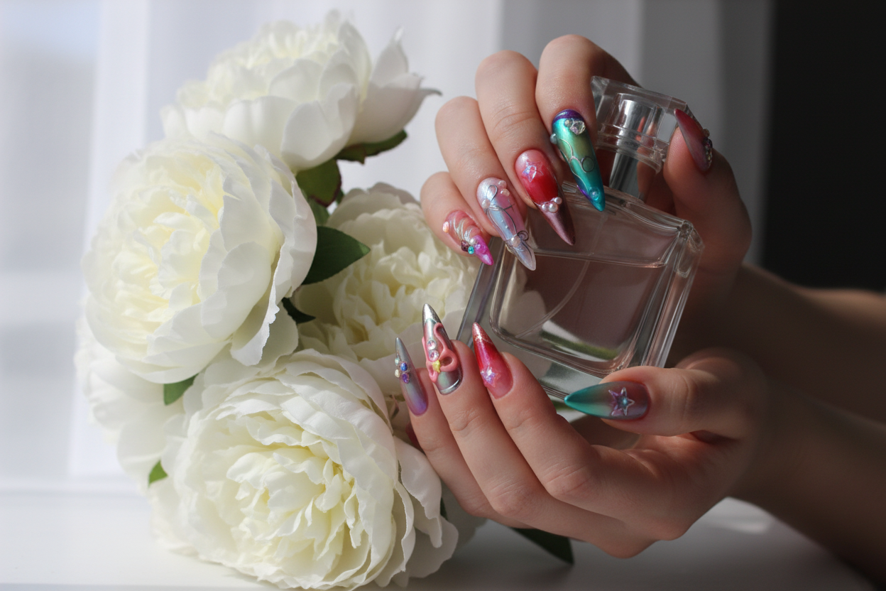 Light-skin European hands wearing multicolor chrome holographic custom press-on nails holding peony — salon-quality nails lifestyle — LuxepressCo